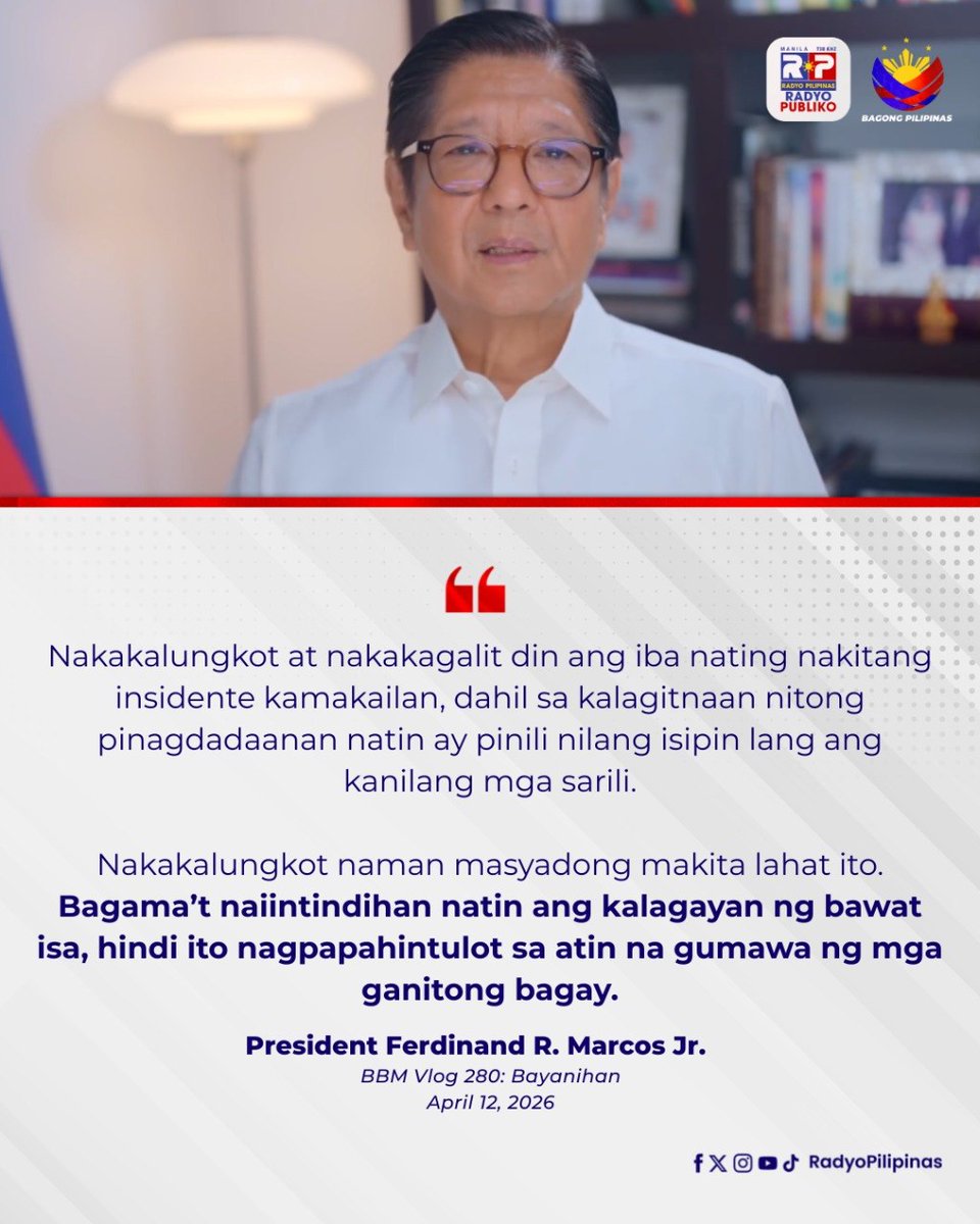 radyopilipinas1's tweet photo. Sa kanyang pinakabagong vlog, hindi itinatago ni Pangulong Ferdinand R. Marcos Jr. ang kanyang pagkadismaya sa mga insidente ng panlalamang na namamayani sa ilan. Nanawagan siya sa bawat Pilipino na iwasan ang pagiging makasarili at pangingibabawin ang tunay na diwa ng bayanihan sa halip na gumawa ng mga bagay na nakakasama sa komunidad.

#RadyoPilipinas
#RadyoPubliko
#IntegratedStateMedia
#ISM