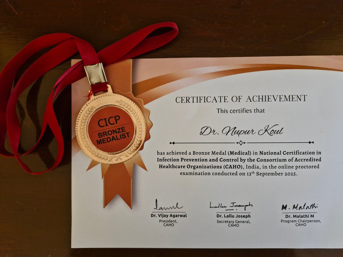 KoulNupur's tweet image. Grateful to have successfully completed National certification in Infection Prevention &amp;amp; Control by CAHO &amp;amp; received Bronze Medal at Graduation ceremony.Sincere thanks to @SRHUniversity for support,&amp;amp; Program Coordinator Dr. Malathi&amp;amp; esteemed mentors for guidance.
#InfectionControl