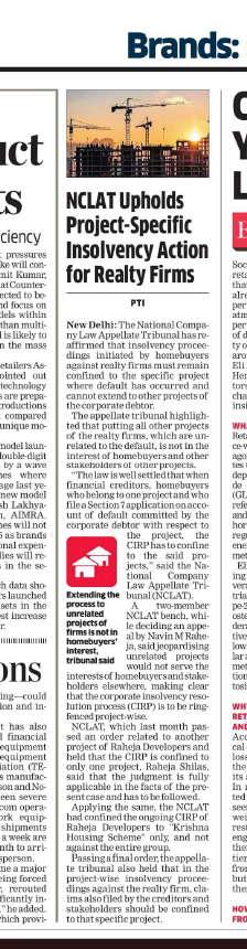 rahulsays1's tweet image. #NCLAT has reaffirmed #insolvency proceedings initiated by #homebuyers against #realty firms must remain confined to the specific #project where default has occurred and cannot extend to other projects of the corporate debtor.