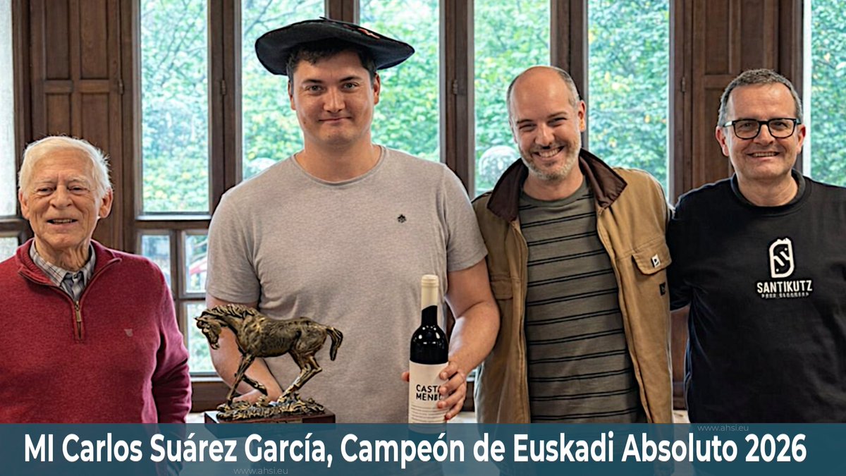 On_Kijote's tweet photo. MI Carlos Suárez García, Campeón de Euskadi Absoluto 2026.
Revalida la txapela en un torneo durísimo disputado en Legazpi. Un triunfo que consolida su trayectoria.
 Gracias a Santikutz XT, Alberto Vesga, al Ayuntamiento de Legazpi y Miguel Ángel Muela por hacerlo posible
#xakea https://t.co/2DIvyLuoJw