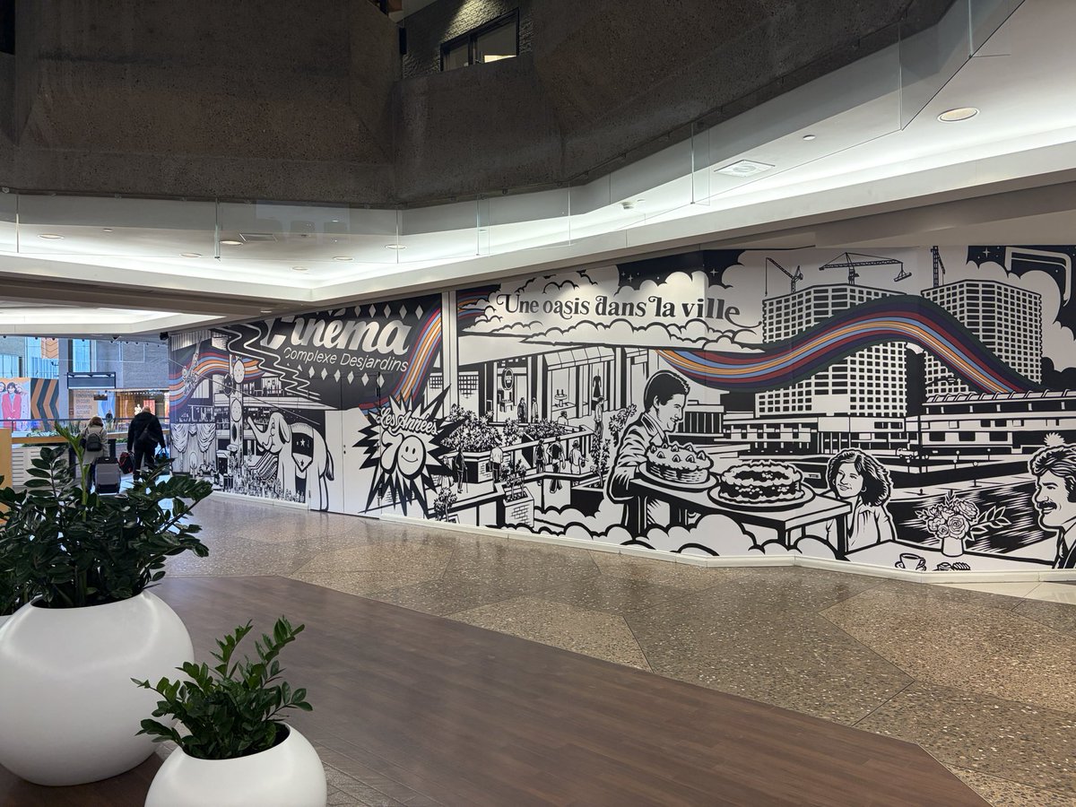 WassermanArt's tweet photo. Mural at Complexe Desjardins celebrating their 50th anniversary. A chronological journey back to its construction in 1976. The artwork pays tribute to an iconic hub of Montreal community, culture, commerce and architecture. Spanning over 225 feet. https://t.co/Gzzm2NMqF6