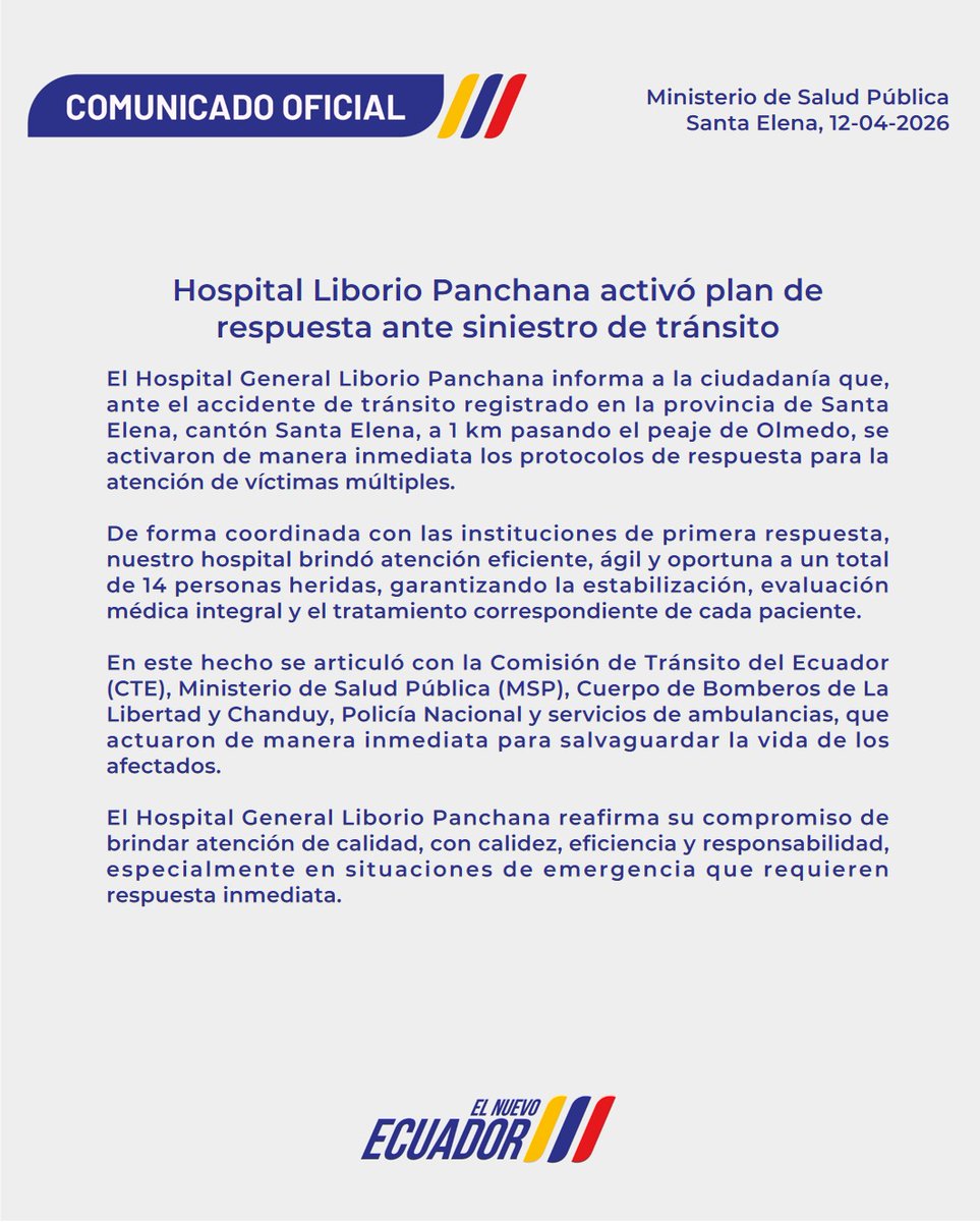 Salud_StaElena's tweet photo. 🏥Hospital Liborio Panchana activó plan de respuesta ante siniestro de tránsito. 

Te contamos más aquí 👇 https://t.co/H0AQwoNDGp