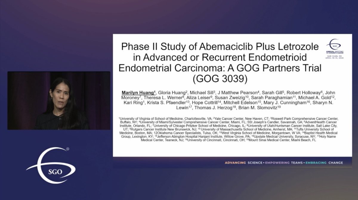 DrMarilynHuang's tweet photo. Honored to present results of GOG 3039 Abemaciclib + Letrozole in advanced or recurrent endometrioid endometrial cancer.  We observed median PFS of 9.5mo, OS not reached, &amp; greatest benefit in chemo-naive pts! @GOG @SGO_org @EliLillyandCo https://t.co/VxEEfiHMhQ