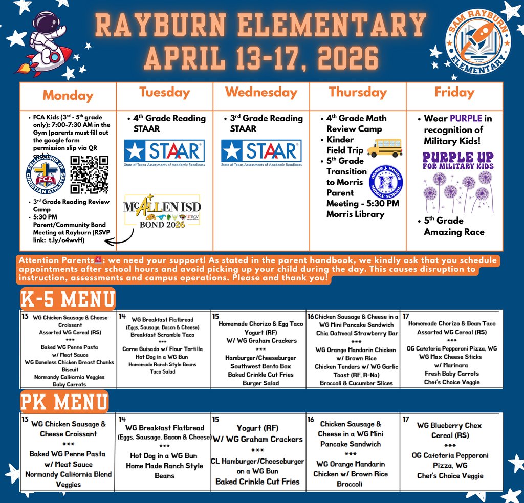 🗓️ Mark your calendars for all the exciting things happening this week at Rayburn Elementary! 🧡💙🚀 April 13-17, 2026