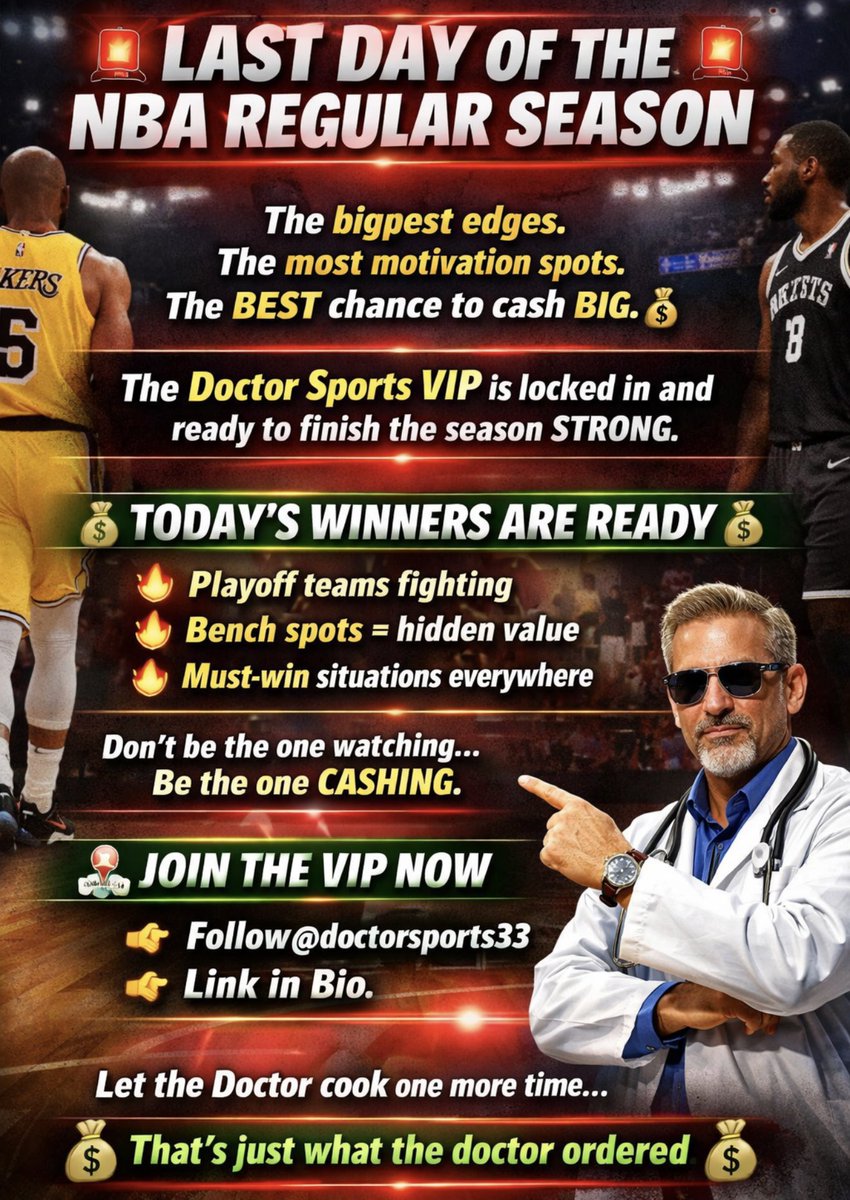 THE LAST DAY OF THE REGULAR SEASON IS HERE

JOIN THE VIP TODAY &amp; TAKE ADVANTAGE OF ALL THE HIDDEN VALUE 

PROFIT WITH US THROUGHOUT THE PLAYOFFS 

winible.com/doctorsportshq…

<a href="/DoctorsportsHQ/">DAILY WINNING BETS - VIP LINK BIO</a> #vip #nba #basketball #winner #parlay #lastday #fyp #fypage #Gambling𝕏