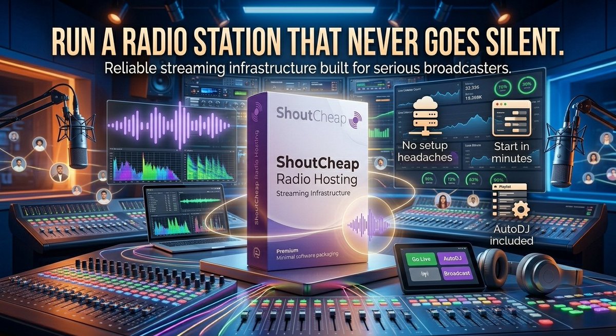 ShoutCheap's tweet photo. Serious about your station? ShoutCheap gives you the reliable streaming infrastructure to stay on air 24/7 — no dropouts, no downtime, no excuses. 📡
#internetradio #broadcasting #radio #music https://t.co/VDx1nspX9C