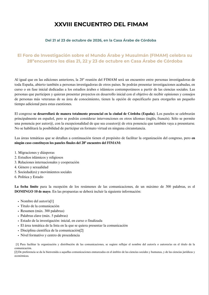 foroFIMAM's tweet photo. 📢 ¡La convocatoria de ponencias
para el XXVIII FIMAM está abierta!

El congreso se celebrará en 📍Córdoba del 21 al 23 de octubre de 2026 🗓️

¿Te gustaría participar? 👉🏼 envía tu propuesta a través del siguiente enlace: https://t.co/OEjSeFFwe5 https://t.co/Wdz8so7bhQ