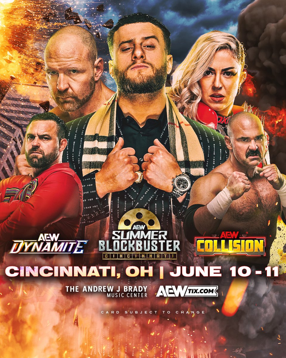 AEW's tweet image. New events just announced!

• #AEWDynamite - Richmond, VA on Wed. June 3
• #AEWCollision - Youngstown, OH on Sat. June 6
• #AEWDynamite: Summer Blockbuster - Cincinnati, OH on Wed. June 10
• #AEWCollision: Summer Blockbuster - Cincinnati, OH on Thu. June 11

Early Access