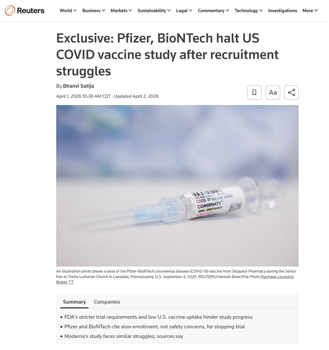 P_McCulloughMD's tweet photo. Pfizer, BioNTech halt US COVID vaccine study after recruitment struggles--safety concerns weigh on participants

Fatal side effects are a strong deterrent to enrollment in clinical trials.  Pfizer BioNTech learning the hard way.  Who would risk it now?  @stinchfield1776 @pfizer @BioNTech_Group @twc_health