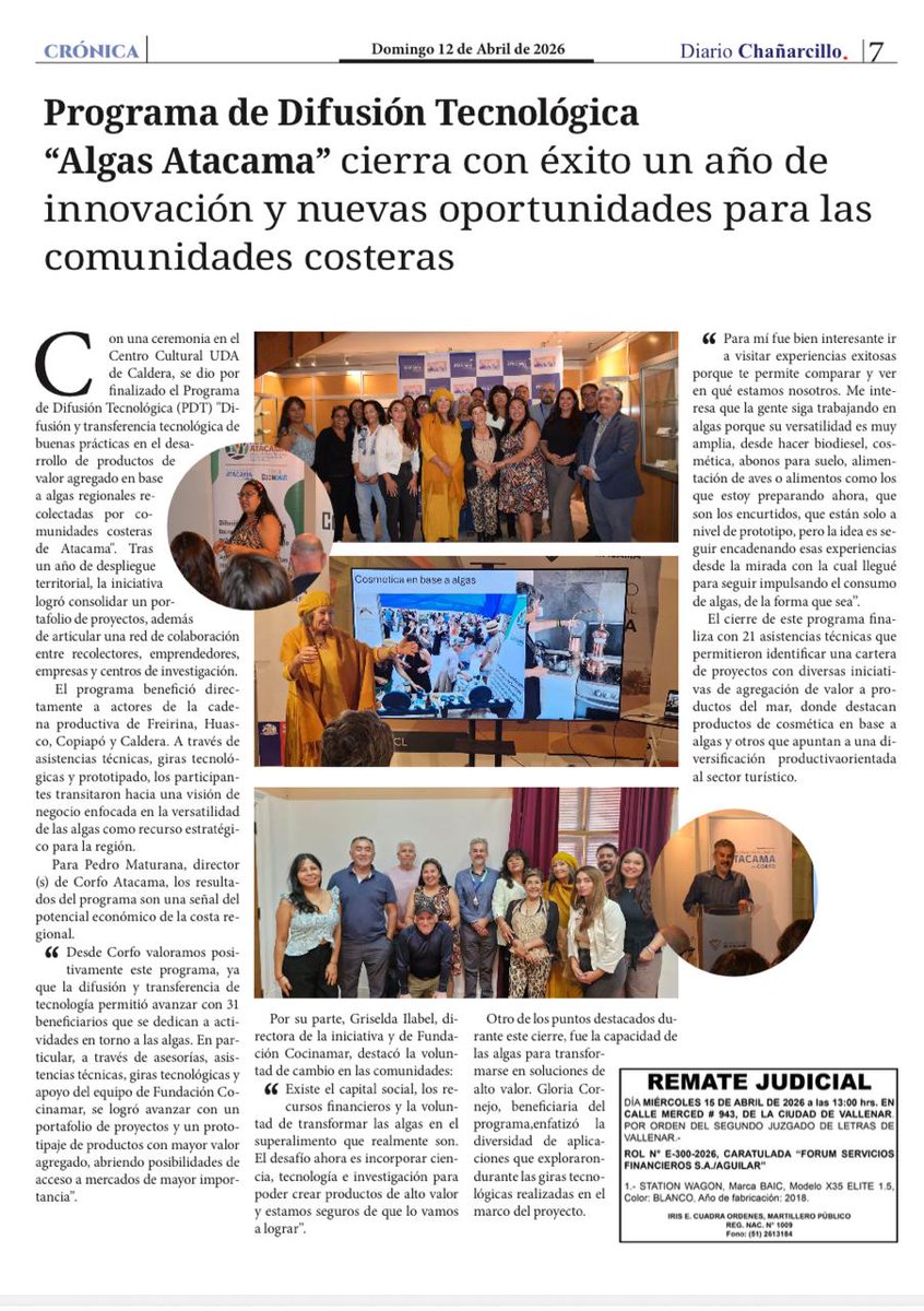 CocinamarChile's tweet photo. El cierre del PDT #AlgasAtacama finaliza con 21 asistencias técnicas que permitieron identificar una cartera de proyectos con diversas iniciativas de agregación de valor a productos del ���, donde destacan productos de cosmética en base a algas y turismo costero. @CorfoAtacama https://t.co/Sr7K8AHvPd