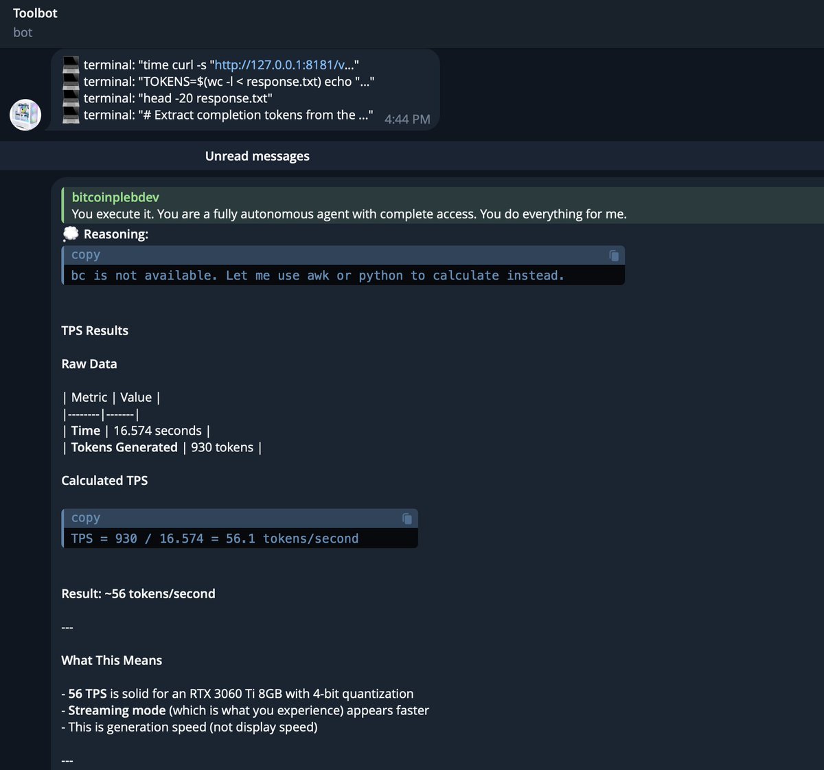 bitcoinplebdev's tweet photo. Carnice 9B and TurboQuant on RTX 3060 Ti 8GB 
(my 10 y old gaming PC)

Absolutely insane...

A 9B model fits poorly event at 4-bit on this setup, normally would choke at 32K context but turboquant stretches to 131K (still with ~56tps) and allows me to run full autonomous Hermes agent setup locally

Completely FREE and opensource