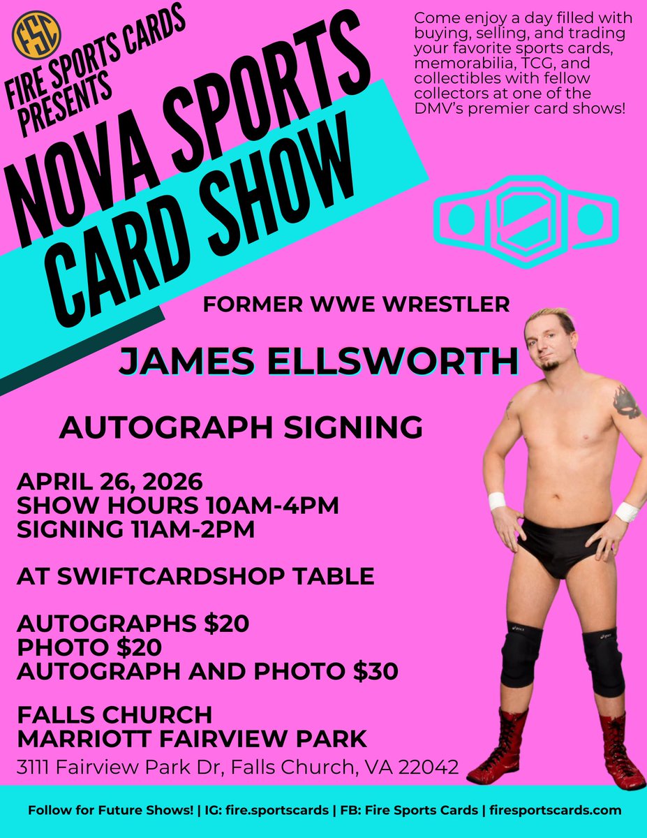 SwiftCardShop's tweet photo. Sunday, April 26th, from 11am-2pm, in Falls Church, VA, at the NoVA Sports Card Show, former WWE superstar and TV legend, @realellsworth will be making a live appearance at our table to sign autographs, and we will also be live on our Whatnot channel. https://t.co/ZRPj1vO1jK