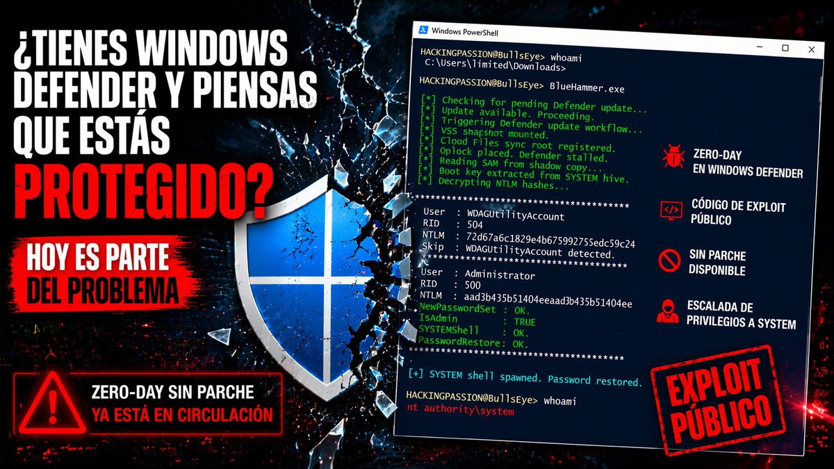 MrLinkEc's tweet photo. 🚨 ¿Tienes Windows Defender y piensas que estás protegido?

 Hoy eso no es suficiente.

Existe un nuevo fallo de seguridad llamado BlueHammer que permite a un atacante tomar el control total de una computadora con Windows en menos de 1 minuto.

Lo más preocupante 👇

👉 No necesita virus ni programas raros
👉 Usa herramientas del propio Windows
👉 Funciona incluso si tu equipo está actualizado

⚠️ ¿Qué puede hacer un atacante?
🤡 Acceder a tus cuentas
🤡 Cambiar contraseñas
🤡 Tomar control completo del sistema Y luego dejar todo como si nada hubiera pasado

🧠 En pocas palabras:
Tu computadora puede ser hackeada sin señales claras y usando el mismo sistema que debería protegerte.

🛡️ ¿Qué puedes hacer?
✅ No uses cuentas de administrador para todo
✅ Mantén tu sistema actualizado
✅ Evita instalar cosas de fuentes desconocidas
✅ Si es empresa: monitorea accesos y comportamientos raros

📌 Esto no es para entrar en pánico, pero sí para estar alerta.

La ciberseguridad hoy no es solo tener antivirus…

es entender que incluso las herramientas confiables pueden ser usadas en tu contra.
#Ciberseguridad #Windows  #ZeroDay #MrLinkec #NoseDejenHackear