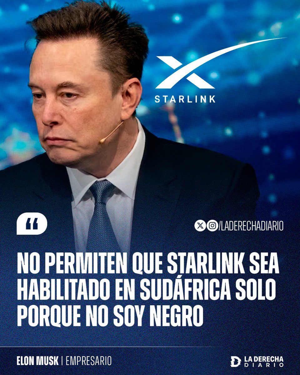🚨🇺🇸🇿🇦 | RACISMO ANTIBLANCOS: Elon Musk explotó contra el gobierno comunista de Sudáfrica, al revelar que su sistema de internet satelital Starlink se encuentra prohibido en el país por oponerse a sus políticas raciales contra los sudafricanos blancos.

"Sudáfrica no permitirá