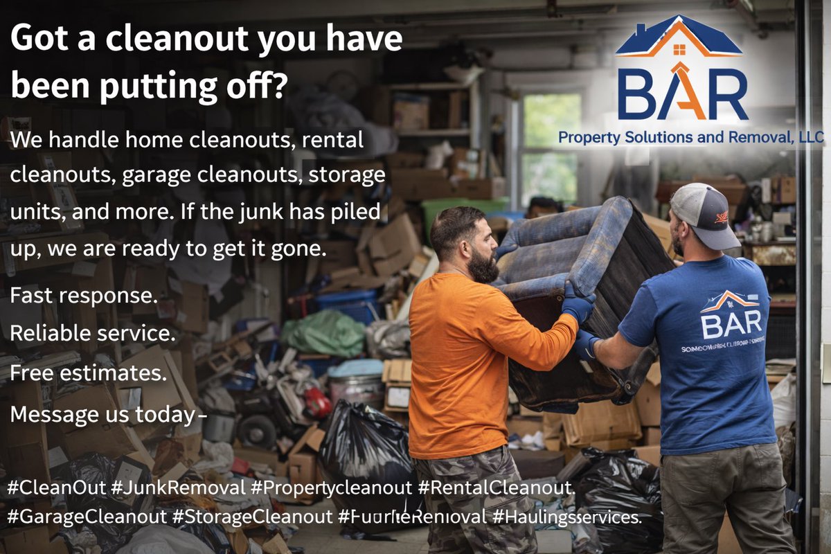 BARPSR's tweet photo. Too much junk. Not enough time. We fix that.

BAR Property Solutions and Removal helps with junk removal, property cleanouts, furniture pickup, garage cleanouts, and more. Fast response. Reliable service. Free estimates.

#JunkRemoval #PropertyCleanouts #FurnitureRemoval https://t.co/4SKB1pR4qP