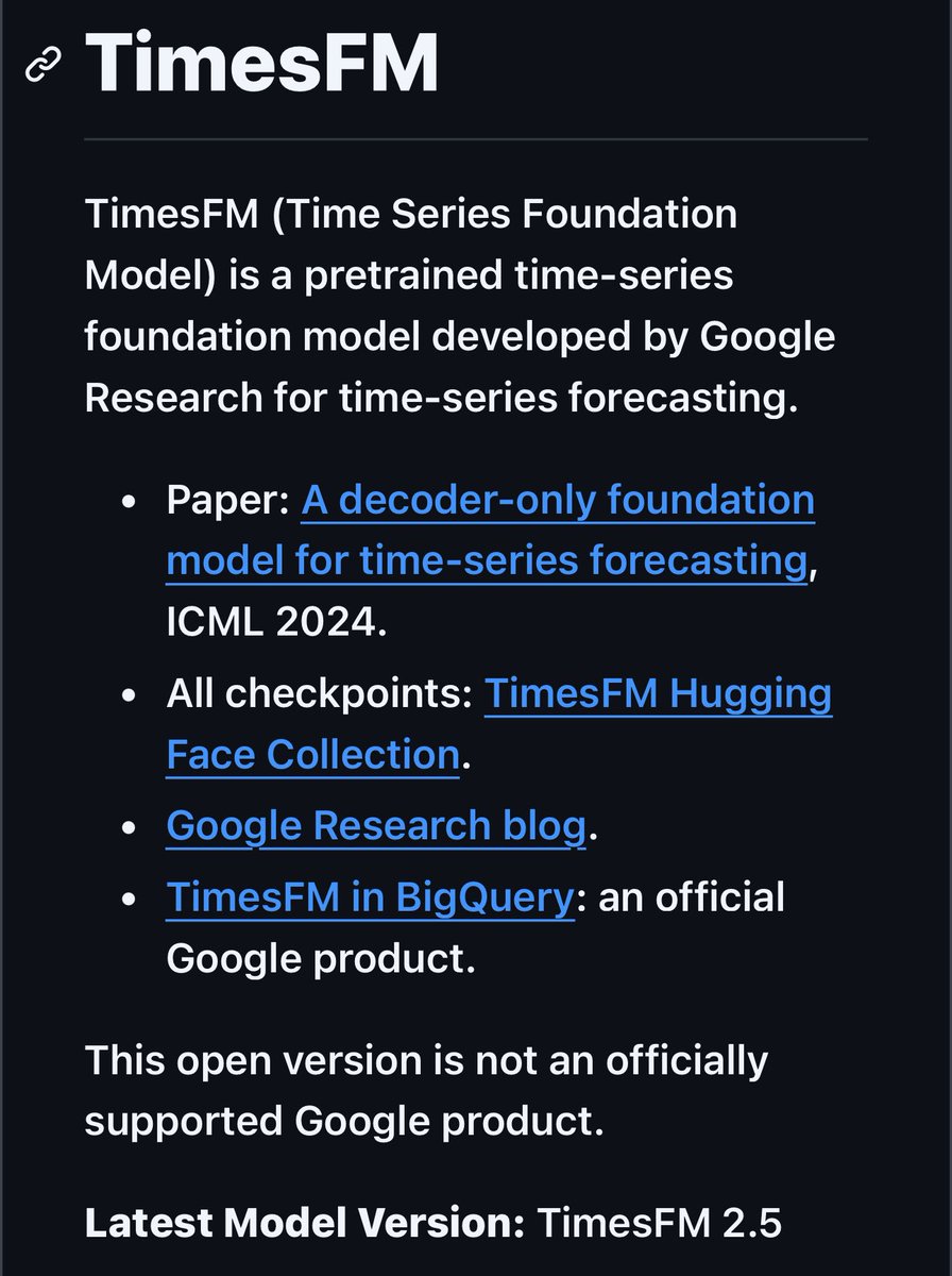TimeFM AI!

Just spent the day is a diving deep into Google’s open-source TimesFM! 

 It is a decoder-only time-series foundation model pre-trained on over 100 billion real-world data points. 

Zero-shot forecasting that nails sales trends, market prices, user traffic, energy