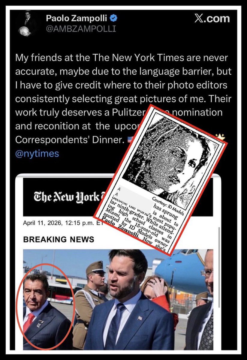 drhossamsamy65's tweet photo. ⛔️Modeling Agency Owner is representing the United States of America in diplomatic matters ‼️

⛔️Paolo Zampolli is traveling with the VP during one of the most consequential diplomatic negotiations of this administration, the US-Iran ceasefire talks. Here are the questions nobody in MSM seems to be asking about him.

⛔️How does a man go from modeling agency owner in the 1990s to introducing Trump to Melania, to real estate partner at the Trump Organization, to UN Ambassador for Dominica, to ocean conservation events with Ghislaine Maxwell, to Kennedy Center trustee, to Special Envoy for Global Partnerships, to walking red carpets with the Vice President in Hungary?

⛔️In the DOJ’s Epstein files, Zampolli’s name appears in 11 documents. In one email, he is described as a “killer.” In another, Epstein himself warns an associate to “be careful” of Zampolli, calling him “trouble.” The context of the “killer” reference is not fully clear, but the question is worth asking: why is this man traveling with the Vice President?‼️