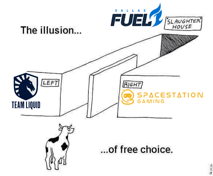 luffyiologys's tweet photo. The illusion of free choice. No matter who you root for, Dallas Fuel is still going to deliver belt to ass. https://t.co/NwLFYf6Cme