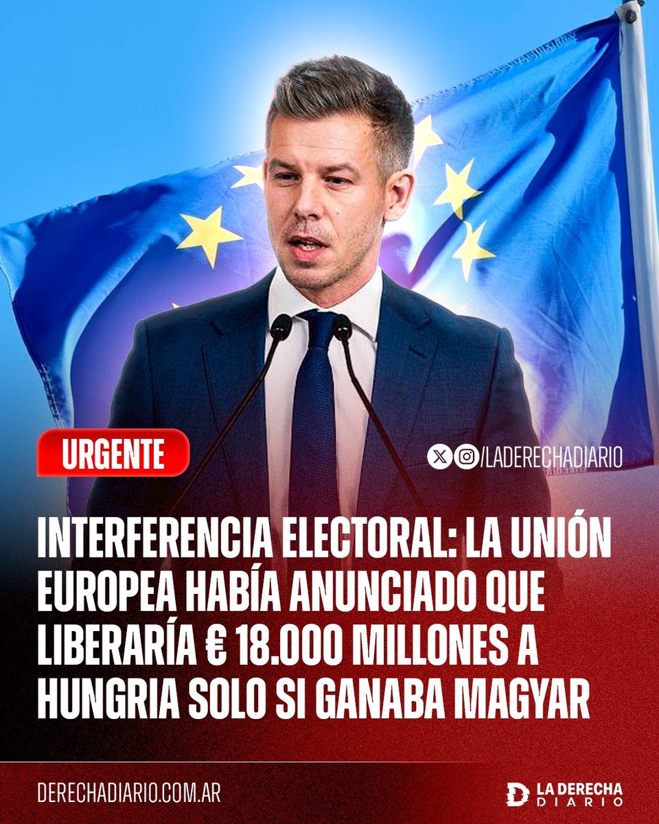 🚨🇪🇺🇭🇺 | INTERFERENCIA ELECTORAL: La Unión Europea había anunciado que liberaría fondos por 18 mil millones de euros a Hungría solo en caso de que ganara su peón Péter Magyar, los cuales le son retenidos al Gobierno de Orbán por no permitir el ingreso de inmigrantes ilegales.