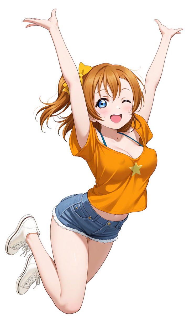 TAKA45085501's tweet photo. ラブライブ、高坂穂乃果ちゃんの新しいイラストできました〜！  
オレンジ色のオフショルダーTシャツにデニムショートパンツ、コンバースでジャンプしながら笑顔ウインク！  
いつもみたいに「やるったらやる！」って勢いが爆発してる感じで可愛いです♪
穂乃果ちゃんのこの笑顔を見たら、こっちまで元気になっちゃう！  
#高坂穂乃果