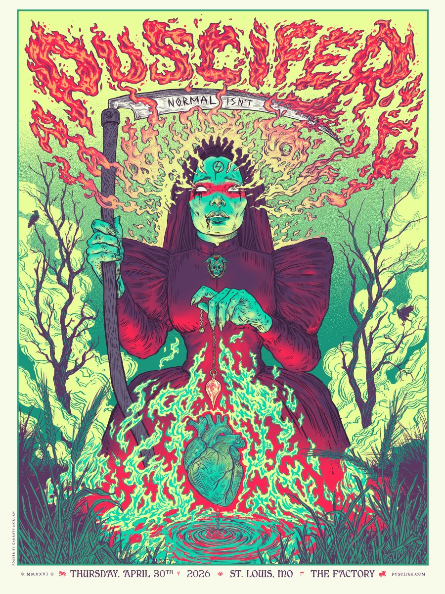 puscifer's tweet photo. St. Louis, we’re in you. “The Normal Isn’t” tour plays The Factory this evening. For any remaining tickets, visit https://t.co/rdF3a6wGGn. Doors open at 6:30 pm, Dave Hill is on at 7:30 pm): Limited-edition poster designed by Garrett Morlan (@garrettmorlanart on IG). https://t.co/7pWUR3gZqo
