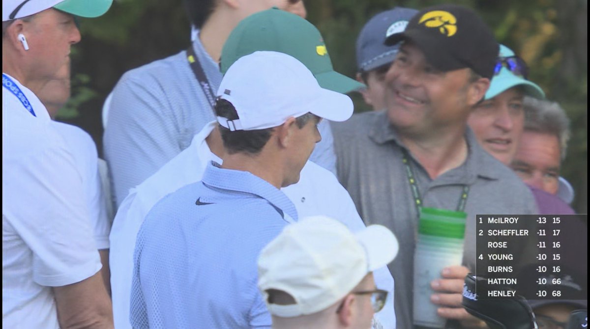 nicksummy's tweet photo. Iowa Hawkeyes fan at the Masters. Appears to be on his 10th beer of the day https://t.co/JSPWrV0N4x
