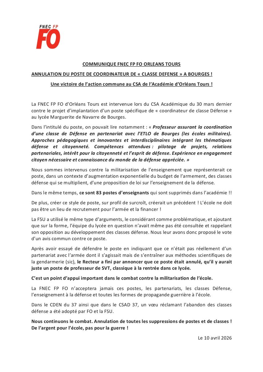 FnecFpFO's tweet photo. ANNULATION DU POSTE DE COORDINATEUR DE « CLASSE DEFENSE » À BOURGES !

Une victoire de l’action commune au CSA de l’Académie d’Orléans-Tours !

#militarisation https://t.co/6cfTyUxeJI