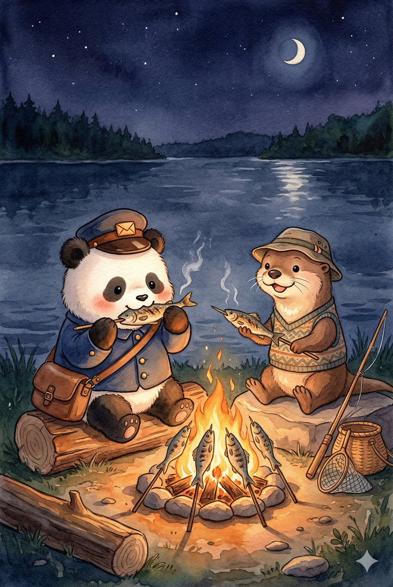 Panda_Studio_Ai's tweet image. いいにおいが します。
みずうみの ほとりで、カワウソが さかなを やいていました。
「おや、おきゃくさんかい。さあ、あったまりなよ。」

#パンダ #panda #パンダ絵本 #てがみをとどけに