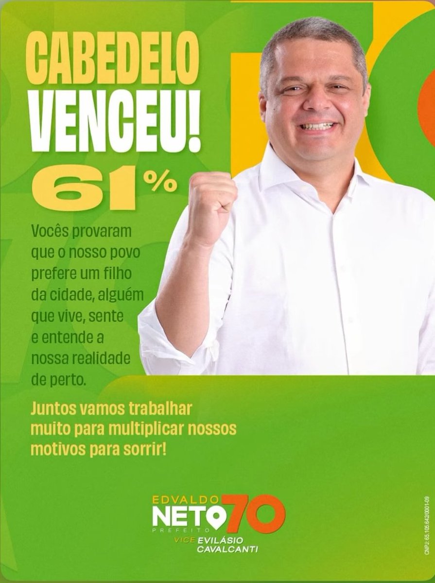 #PARAÍBA ELEIÇÕES: Edvaldo Neto, do Avante, é eleito prefeito de Cabedelo, na Paraíba

Edvaldo Neto (Avante) conseguiu 61,21% dos votos válidos contra 38,79% de Walber Virgolino (PL), na eleição suplementar em Cabedelo.