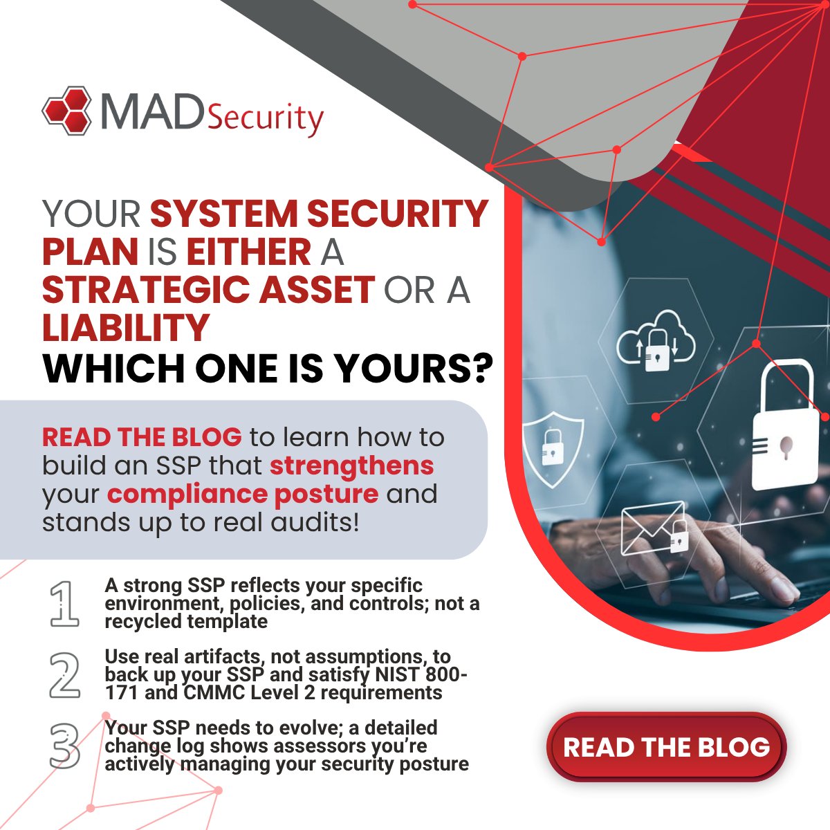 MADSecurityLLC's tweet photo. Stop TREATING Your SSP like a TEMPLATE!
๐ https://t.co/3XR0XPo0dM
Too many contractors treat the SSP like a fill-in-the-blank exercise.
Read the blog NOW!
#MADSecurity #ComplianceMadeSimple #Cybersecurity #MustReadBlog #SystemSecurityPlan https://t.co/jspvYpYBoj