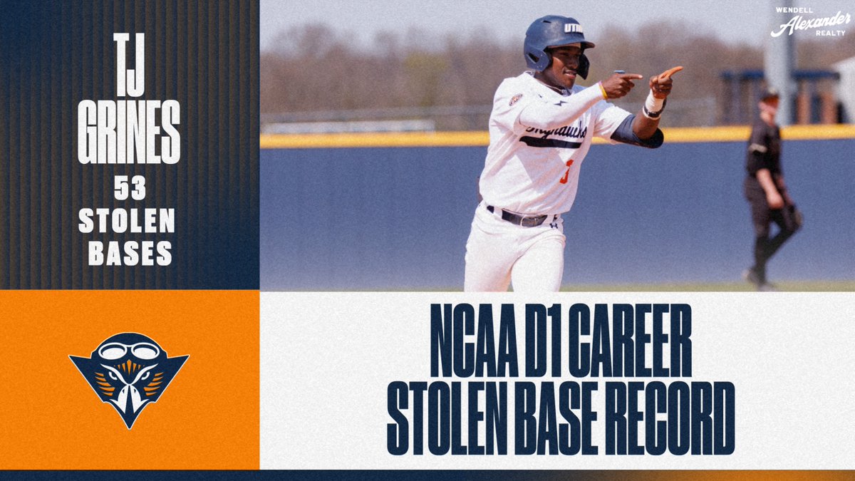 utmsports's tweet photo. HISTORY AT SKYHAWK FIELD

In today's game against Tennessee Tech, @UTMBase senior TJ Grines became the program's single season leader (38) AND all-time leader in stolen bases (53) during the Division I era!

Congratulations, TJ!

#MartinMade #OVCit https://t.co/enE8jtJXZt