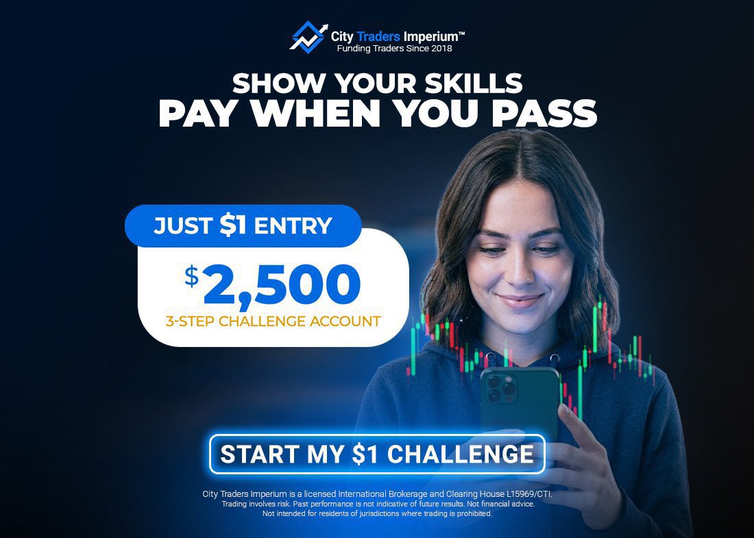 meeksese's tweet photo. 🚀 Show your trading skills and get funded!

Just $1 entry for a $2,500 3-Step Challenge Account with City Traders Imperium.

Pass the challenge → Get funded and keep the profits! 💰

Start your $1 challenge now 👇

@CTI_Funding 

Start here: https://t.co/1dN8zYzwm0… https://t.co/dNjBbPeAPY