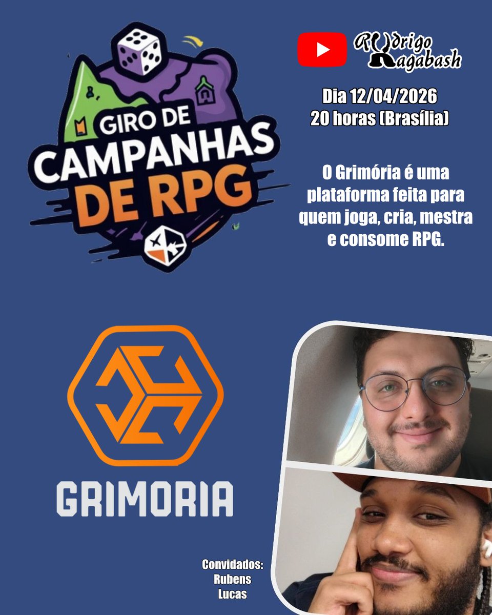 Galera! Hoje vamos participar Giro de Campanhas de RPG e vamos conversar sobre o Grimória!

Venham acompanhar e tirar suas dúvidas sobre o financiamento e a plataforma, vai ser bem legal! 
 youtube.com/live/JYaFS