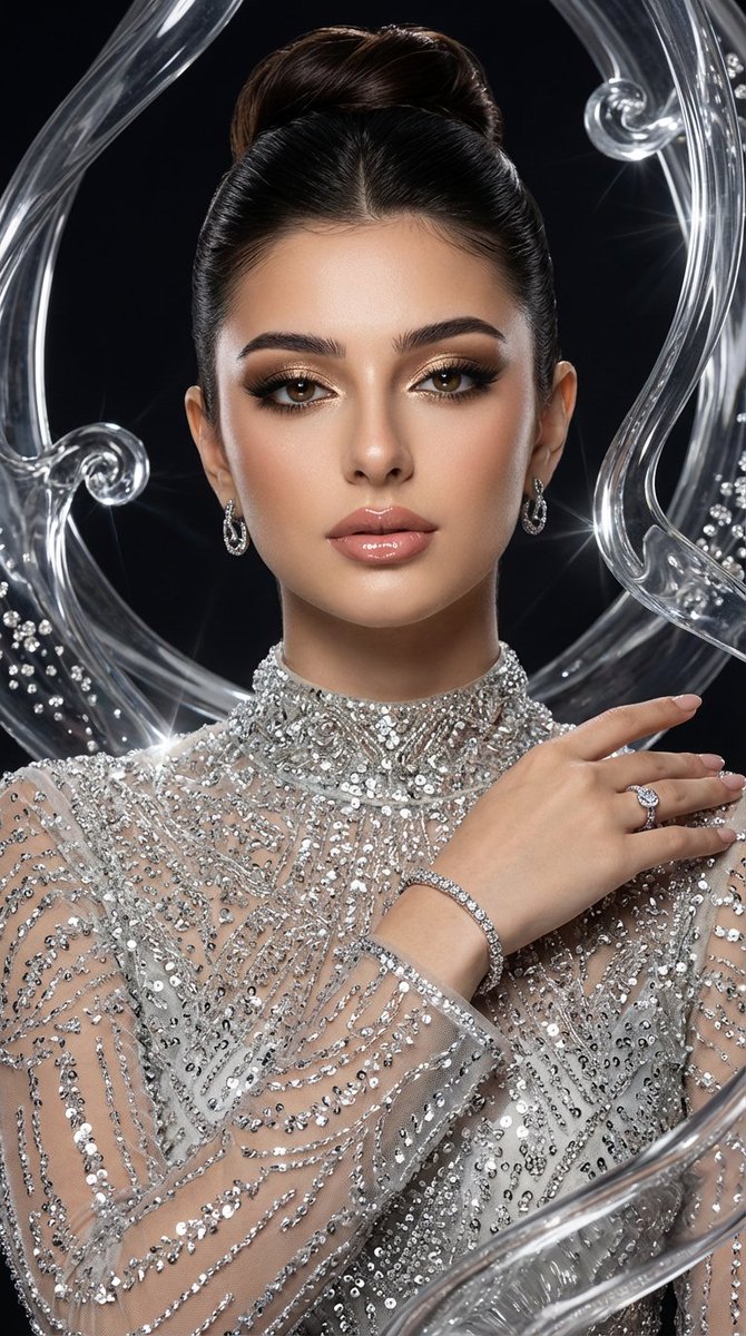 AIwithYazdan's tweet photo. 🚨🚨🚨 Prompt Share 🚨🚨🚨

Unveiling the essence of brilliance. 

Created using Nano Banana Pro inside @renoiseai 

​Drenched in silver and light, because true elegance doesn't just enter the room—it transforms it.

​#GlowUp #HighFashion #EleganceRedefined #SilverStyle

Prompt:

**Hyper-realistic portrait of a stunning woman with flawless skin, delicate features, and a captivating gaze looking directly at the viewer.**
 * **Appearance:** Hair is elegantly swept back, highlighting high cheekbones and perfectly defined eyebrows.
 * **Makeup:** Glamorous look featuring a dramatic golden-brown smoky eye with sharp winged eyeliner, thick lashes, and a shimmering inner corner. Lips are full, glossy, and a natural nude-pink shade, slightly parted.
 * **Outfit:** Dazzling ensemble embroidered with silver sequins and beads, including a high-neck top and sleeves made of sheer fabric adorned with countless tiny sparkling silver elements.
 * **Accessories:** Matching silver earrings, a diamond bracelet on the left wrist, and a diamond ring on her finger. Her left hand is slightly raised with fingers resting softly near her shoulder.
 * **Background & Composition:** Dark, almost black background with abstract, flowing translucent silver and clear glass elements swirling around her, some with sparkling details, creating a dynamic and ethereal effect. These elements frame her face and body, adding depth and movement.
 * **Lighting & Color:** Dramatic, focused lighting emphasizing her face, the intricate details of her outfit, and the silver elements, creating strong contrasts and brilliant reflections. The palette is dominated by silver, white, and black, with warm golden and nude tones on the skin and makeup.
 * **Technical Style:** High-fashion, glamorous, and sophisticated with a touch of fantasy. Confident, elegant, and alluring mood. Shot with a shallow depth of field, sharp focus on the face, cinematic quality, ultra-detailed, 8k, photorealistic.