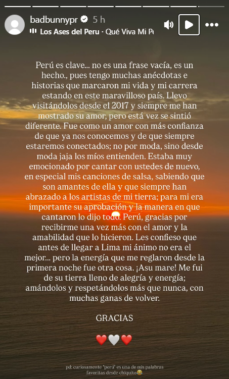 giancaalvarezt's tweet image. Bad Bunny volvió a recordar su paso por Perú 🇵🇪 y llenó su Instagram de historias inéditas de su visita a la capital. En el cierre de sus historias, Bad Bunny dejó un mensaje emotivo para sus fans peruanos. #Badbunny #Limaperú #elecciones2026 #loúltimo