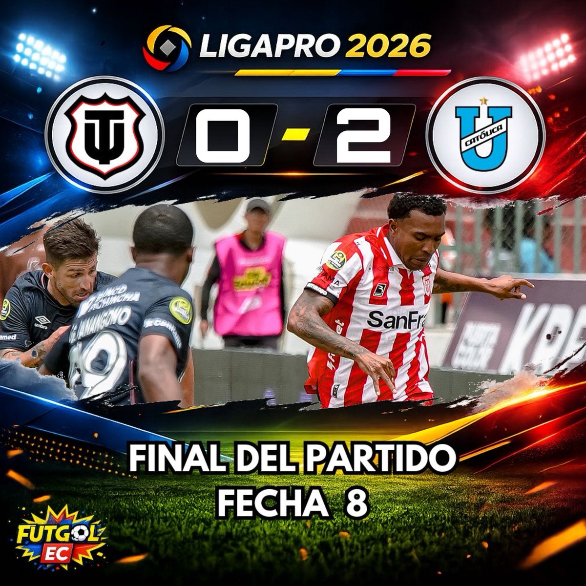 ¡Final del partido!

🏆 #LigaPro 🇪🇨
🗓️ #Fecha8
🏟️ #Bellavista

0️⃣ #TécnicoUniversitario

2️⃣ #UniversidadCatolica
⚽️ Jhon Chancellor 25’
⚽️ Byron Palacios 90+5’