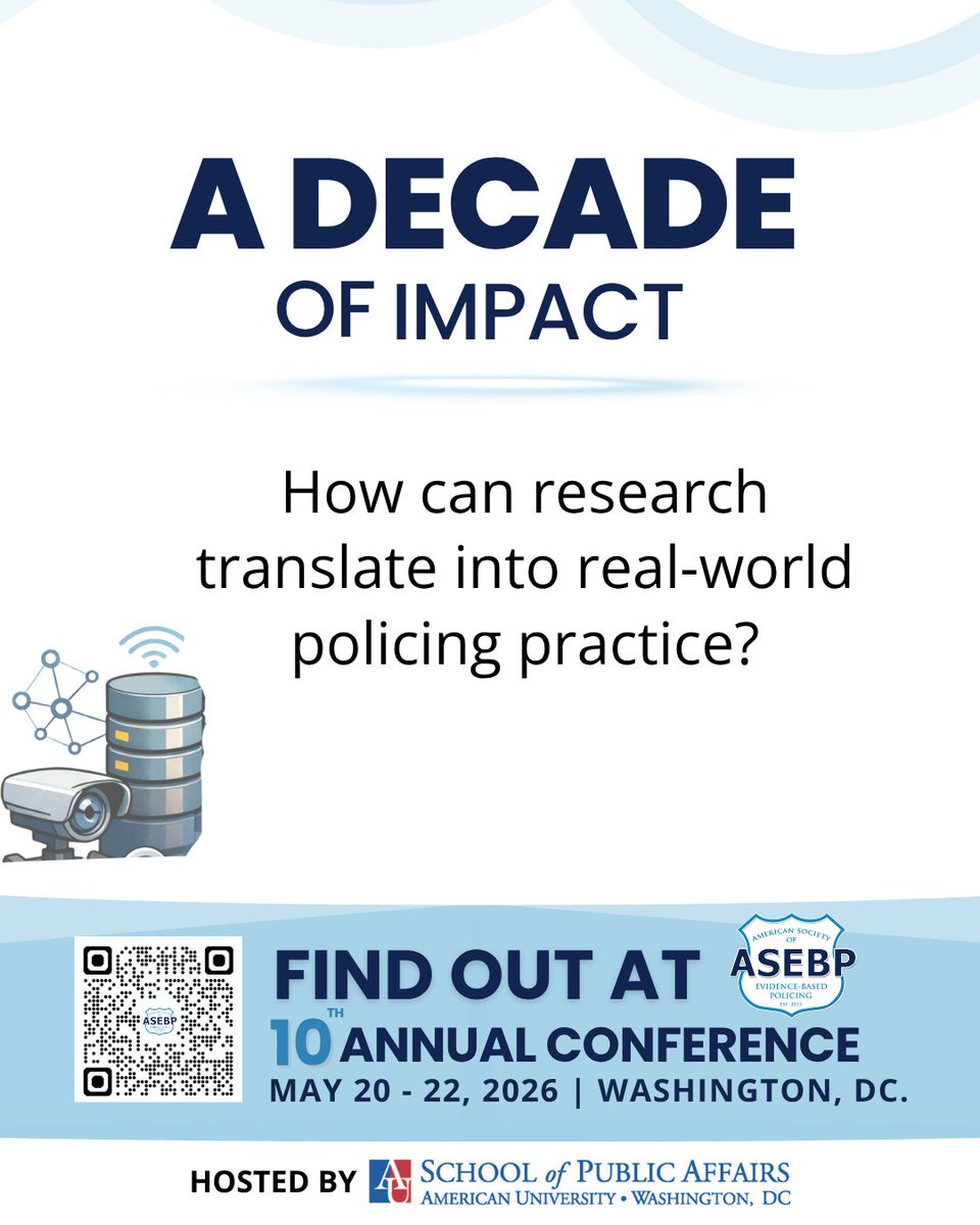 EBpolicing's tweet image. Research only matters if it makes a difference.

Over the past ten years, evidence-based policing has helped agencies evaluate programs, test new approaches, and apply research findings to real-world policing challenges.

The ASEBP Conference showcases how evidence is shaping