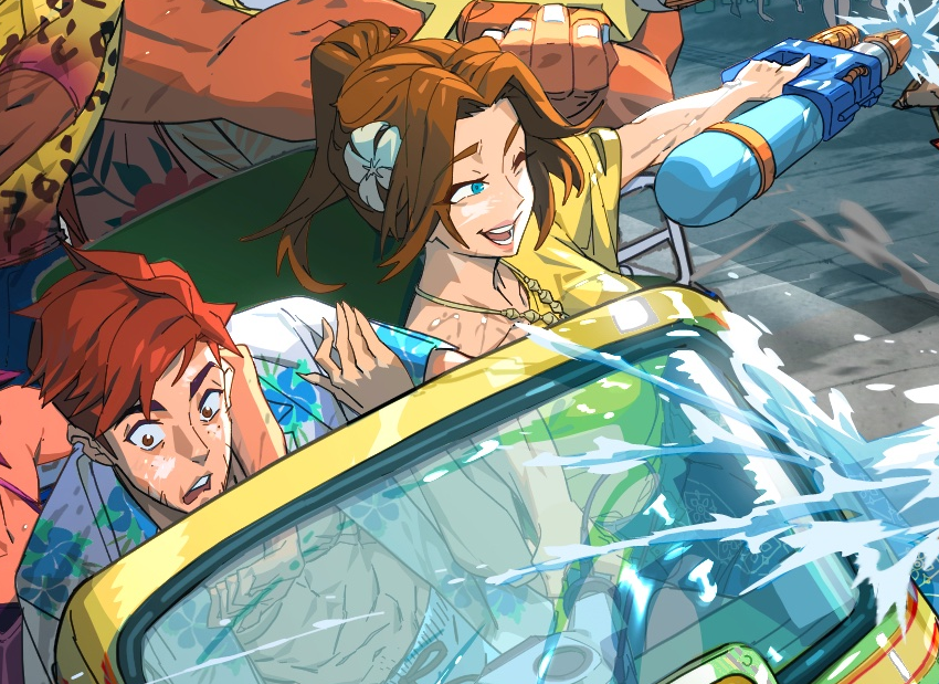 rogen80's tweet photo. Mandy is a treasure! Tearing down the road with a watergun in one hand, her boyfriend in the other! 💛💙

She is the epitome of: "Unbothered. Moisturized. Happy. In My Lane. Focused. Flourishing." 😂

Credit: @igloocgofficial Vacation Fan art! #mechablazer #mechamandy #blondeblazer #dispatch #dispatchgame
