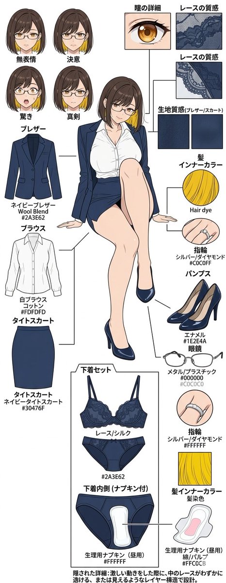 illust_gallery's tweet image. 「……何か、気になることでも？」

足を組んだOLの視線に、ドキッとしませんか？ 彼女の秘められた内面まで描かれた、詳細な設定資料です。
続きはリプライへ

#AIart #AIイラスト #OL #メガネ #設定資料