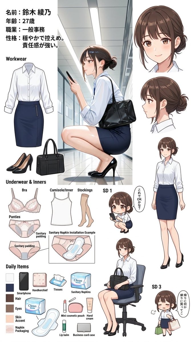 illust_gallery's tweet image. 「……何か、気になることでも？」

足を組んだOLの視線に、ドキッとしませんか？ 彼女の秘められた内面まで描かれた、詳細な設定資料です。
続きはリプライへ

#AIart #AIイラスト #OL #メガネ #設定資料