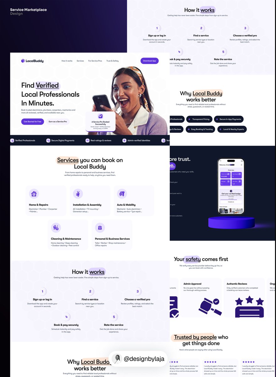 _designbylaja's tweet photo. I've been away for three months.

Not because I wanted to. Because I was busy building.

Here's what happened: A client saw my work here. Said it stood out. We've been building together ever since.

Today, I'm back to share what we created.

LocalBuddy. A platform connecting people with verified professionals. Landing page. Mobile app. Dashboard designs.

This is the first project with this client and has been  successfully done.
Currently working on the second Project.

This is what happens when you show your work consistently. People notice. Opportunities follow.

I'm grateful. And I'm ready to share everything we've been building.

I'm Damilola. Product Designer. Building products that matter.