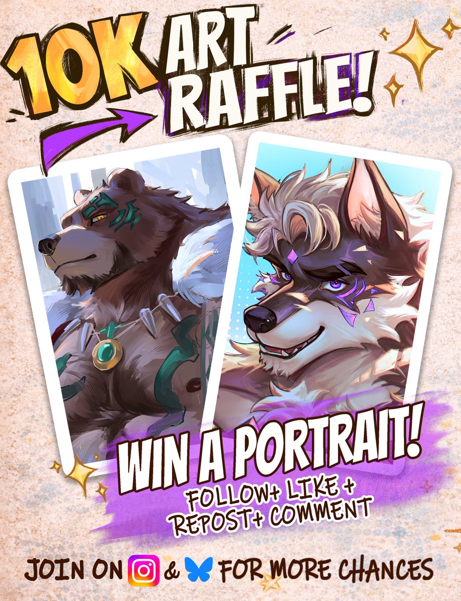 🎉10K INSTAGRAM ART RAFFLE!! 🎉
WIN a PORTRAIT skeb!✨
 RULES:
• Follow me
• Repost
• Comment your OC(or a random fact about your sona!)
This raffle is also happening on Instagram &amp; BS🦋 (join everywhere for MORE chances)
Ends May 1st
Good luck everyone!
#furryart #furryartist