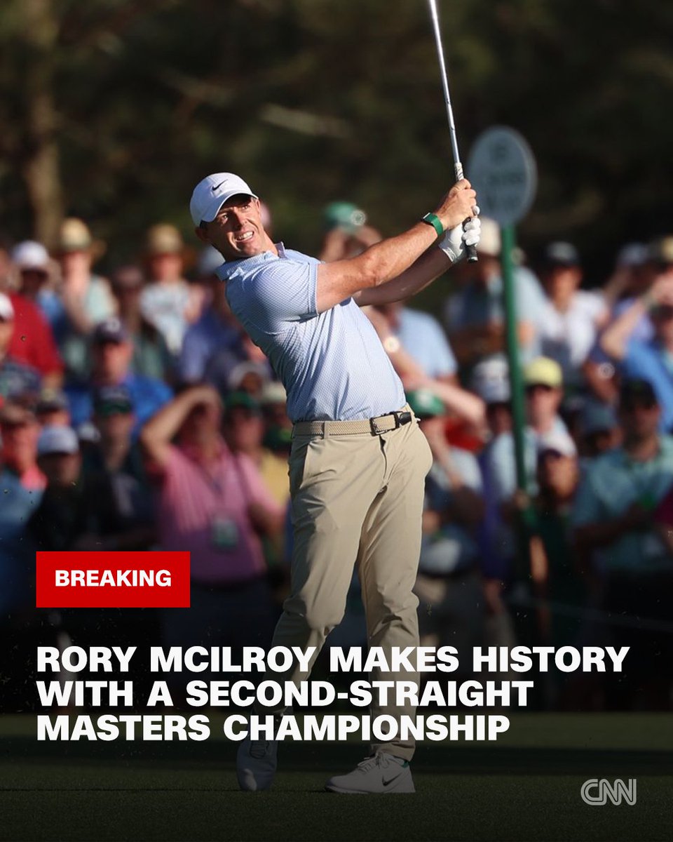 CNN's tweet image. Rory McIlroy has won the Masters after a dramatic final day, becoming only the fourth golfer to achieve back-to-back wins at the tournament. cnn.it/4cnAJKq