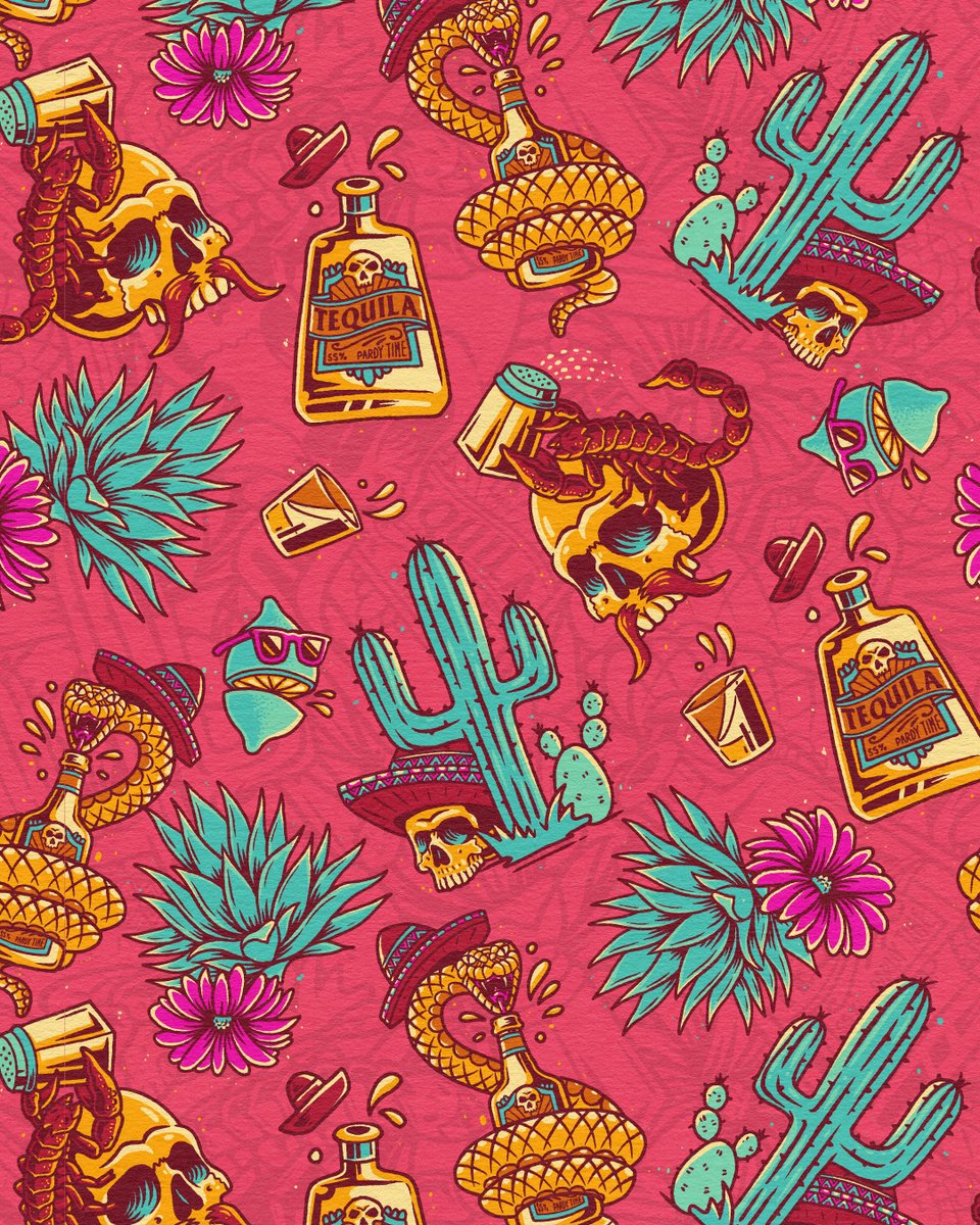 philustrations's tweet image. Skulls, snakes, cactus &amp;amp; tequila 🌵🐍 Full merch world built around a Mexican-inspired theme, icons, repeat pattern, and an all-over shirt mockup. 

#PatternDesign #MerchDesign #TequilaVibes #AllOverPrint #GraphicDesign #RamskillDesignStudio #Illustration