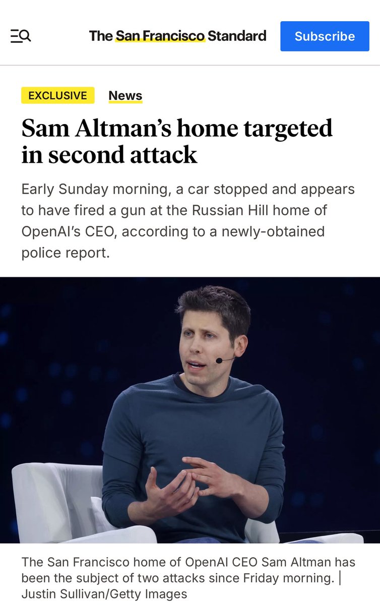 This is horrible. Right now, I think what’s been causing it is the sort of doomer AI narrative. I think violence in the coming years might increase, and not only because of the doomer AI narrative, but due to job loss, as violence usually follows spikes in unemployment.

For AI