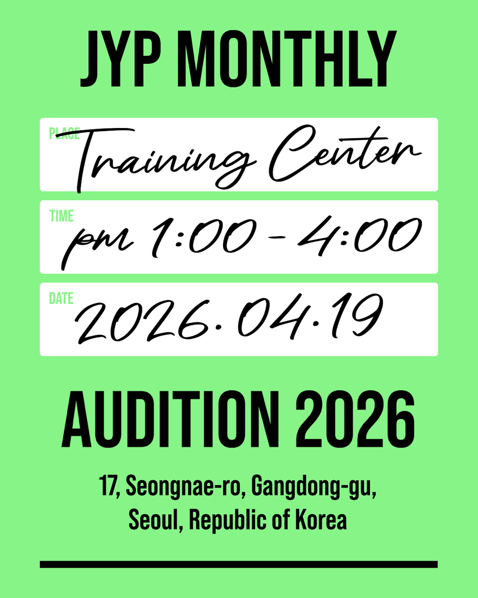 JYPAUDITION's tweet photo. <April, 2026 Second Monthly Audition Schedule>

The schedule for the second JYP Monthly Audition in April, 2026 is now available on JYP AUDITION official Instagram.
Please refer to our Instagram for detailed information!

JYP AUDITION official IG : @jyp_audition_official https://t.co/MhXrd6snAO