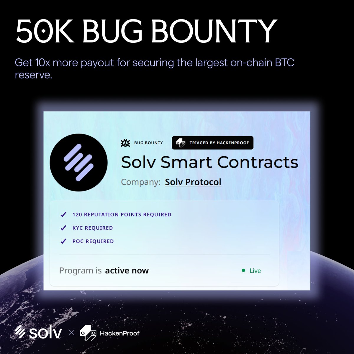 SolvProtocol's tweet photo. You can get 10x more payout through our Bug Bounty btw.

A full quarter since we implemented the bug bounty through @HackenProof.

Check the full guidelines: https://t.co/3q2ajKNaAD https://t.co/JQYAWRUCs1