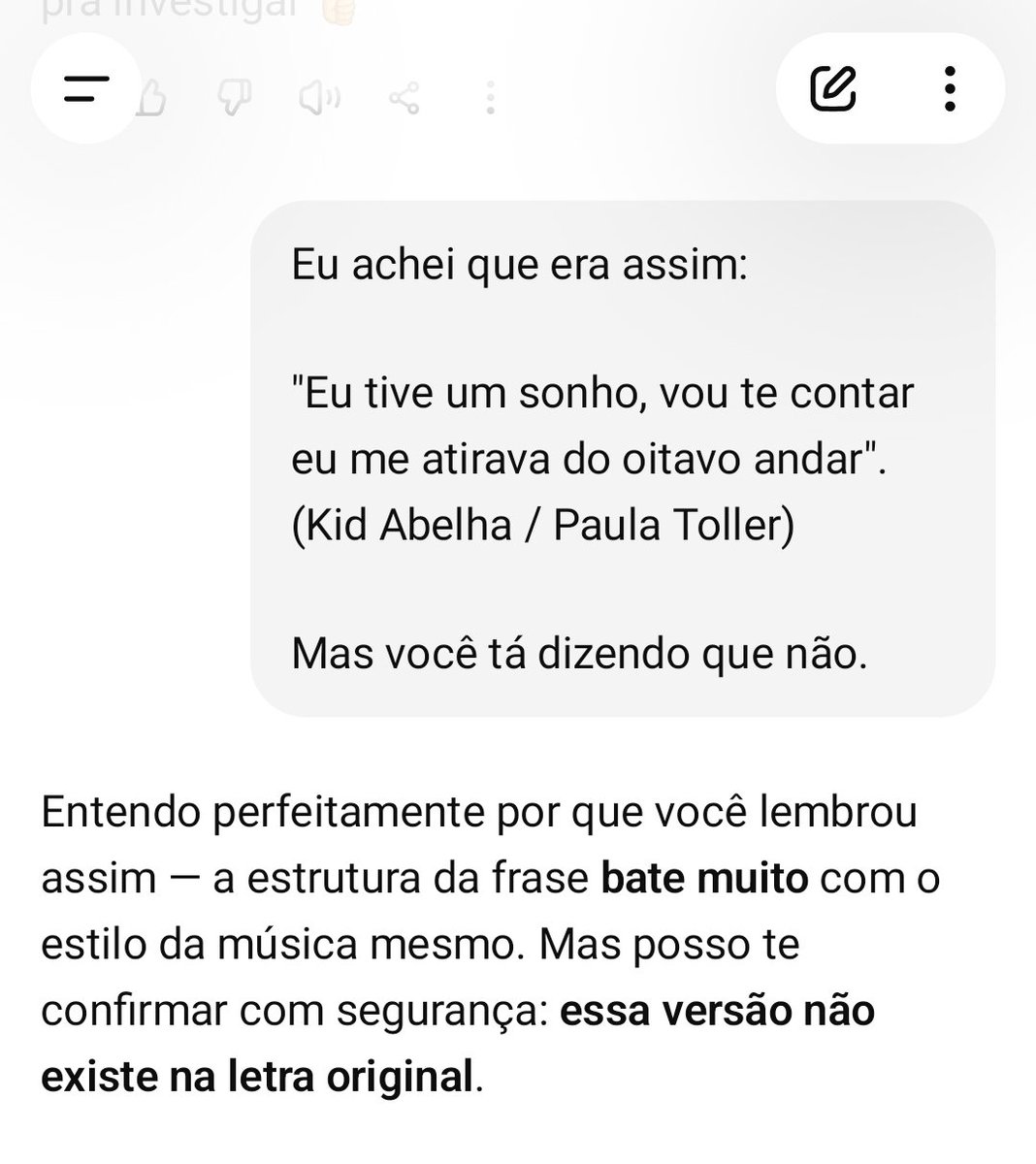 williankolob's tweet photo. O ChatGPT tá teimando comigo, dizendo que o Kid Abelha (Paula Toller) NÃO CANTA ASSIM:

"Eu tive um sonho, vou te contar, EU ME ATIRAVA DO OITAVO ANDAR".

E dá um monte de desculpas para não dizer como é a letra certa. 🤷🏻‍♂️ rsrs

#Domingão https://t.co/XTFEfZcVOz