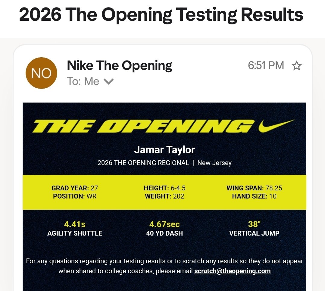 iamjamartaylor1's tweet image. Verified numbers from @TheOpening.
6’4.5 | 202lbs
4.67 40 💨
38” vert
4.41 shuttle

Recruiters &amp;amp; evaluators👀

@CoachDelleDonne @SalesianumFB @CarmenB76539779 @Coachmuggs @SappSteven @Mvsj21_ @TruthHurtsSport @EdOBrienCFB @tdhald @PrepRedzone @On3Richie @1stStateSports