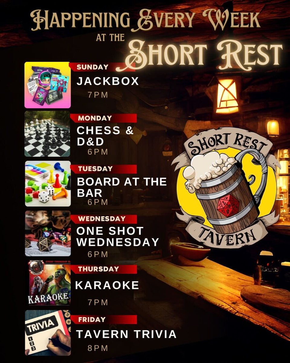 tucgamesgadgets's tweet photo. The list of weekly events at the Short Rest Tavern in Tucson Games & Gadgets at Tucson Mall is full of chances to meet new friends and share your geeky, nerdy love with. From trivia to karaoke to board games. #localbar #localtavern #geeky #nerdy #thingstodointucson https://t.co/xo19jUi3jX